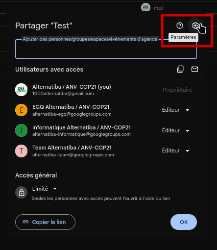 Paramètres de partage