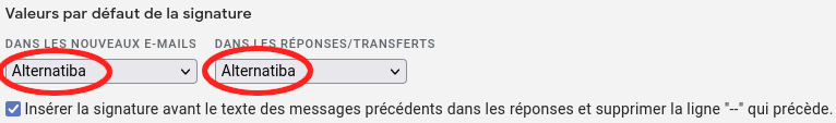 Paramètres Gmail : sélectionner la nouvelle signature