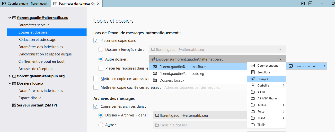 Paramètres Thunderbird > Copies et dossiers > Messages envoyés